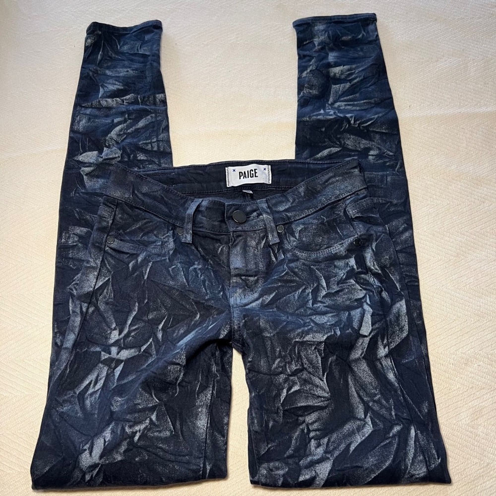 PAIGE Verdugo Ultra‎ Skinny Low Rise Metallic Navy Crinkle Look size 23